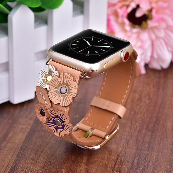 Genuine Leather Watch Band for the Apple Watch, Floral Design with Colorful Flower Accents