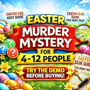 May include: A colourful graphic promoting an Easter murder mystery game. The design includes Easter eggs, a clue guide, and the title "Easter Murder Mystery" for 4-12 people. The image also features the text "Try the Demo Before Buying!"