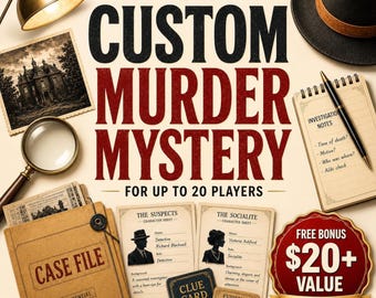 Gioco di mistero con delitto personalizzato, kit per feste stampabile, personalizzabile per un massimo di 20 giocatori.