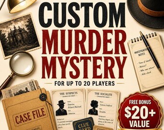 Juego de misterio y asesinato personalizado, kit de fiesta imprimible, personalizado para hasta 20 jugadores.