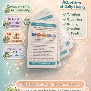 May include: A teal-colored "BOT Turtle Box" ADL Intervention Deck with 16 clinician cards on a ring. The deck includes activities of daily living, such as toileting and grooming. The deck is designed for OT students.