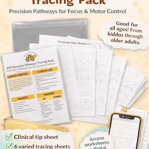 May include: The image showcases the "BOT Turtle Box Executive Pathways Tracing Pack." It includes tracing sheets, a clinical tip sheet, and access to digital files. The pack is designed for focus and motor control, suitable for all ages, and can be used for in-session practice or homework.