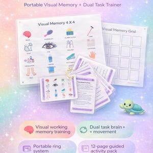 May include: The "BOT Turtle Box Working Memory Grid" is a visual memory and dual-task training system. It includes a 4x4 visual memory grid, flashcards, and a 12-page activity pack. The image also features a small turtle figurine and text that reads "Visual working memory training."