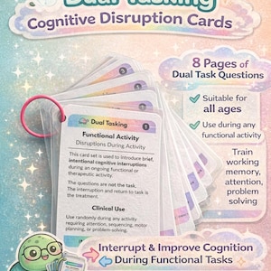 May include: A set of "Dual Tasking Cognitive Disruption Cards" with a pink ring. The cards are designed to introduce cognitive interruptions during functional activities. The image includes text that says "Interrupt & Improve Cognition During Functional Tasks."