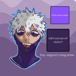 May include: A hand-drawn sticker featuring a character with white spiky hair, blue eyes, and stitched facial features. The sticker is labeled "dabi waterproof sticker!!" and "100% hand-made!!" on a purple background. The text "buy. support young artist." is also included.