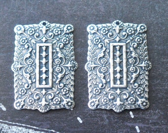 Boho Rectangular Brass Charms, Brass Stampings, Sterling Silver Finish, TWO