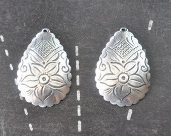 Large Boho Brass Pendants with Flowers, Sterling Silver Finish, TWO