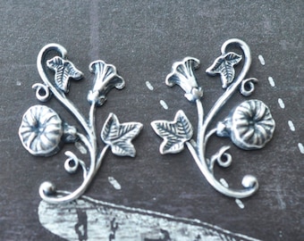 Left and Right Brass Morning Glory Flourishes, Sterling Silver Finish