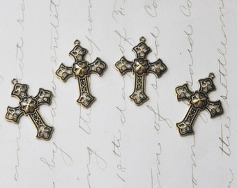 Small Filigree Cross Charms, Brass Stampings, Brass Ox, FOUR