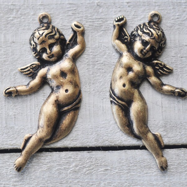 Left and Right Angel Brass Charms, Brass Ox, ONE SET