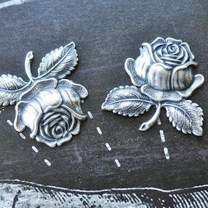Rose Brass Stampings, Sterling Silver Finish, TWO