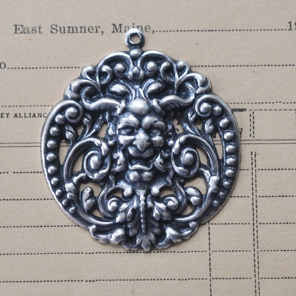 Demon Pendant, Sterling Silver Finish, Brass Stampings