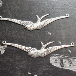 Brass Birds in Flight with Hoops, TWO, Sterling Silver Finish