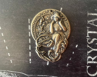 Art Nouveau Goddess Brass Pendant in Brass Ox finish, 33mm x 44mm