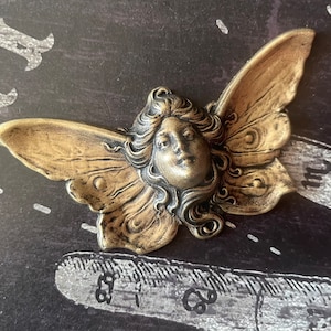 Art Nouveau Winged Lady Brass Stampings in Brass Ox finish, 75mm x 36mm