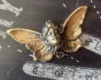 Art Nouveau Winged Lady Brass Stampings in Brass Ox finish, 75mm x 36mm