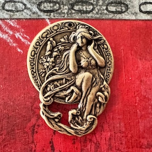 Art Nouveau Goddess Brass Pendant in Brass Ox finish, 33mm x 44mm