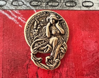 Art Nouveau Goddess Brass Pendant in Brass Ox finish, 33mm x 44mm