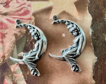 TWO Art Nouveau Brass Lady On Moon Charms, Sterling Silver, 35mm x 25mm