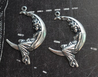 TWO Art Nouveau Brass Lady On Moon Charms, Sterling Silver, 35mm x 25mm