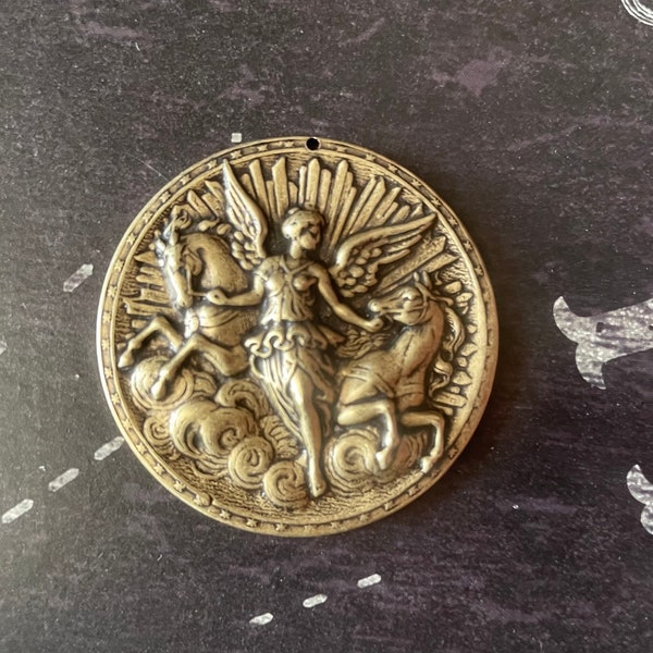 Angel with Horses Brass Medallion, WITH HOLE, Brass Ox
