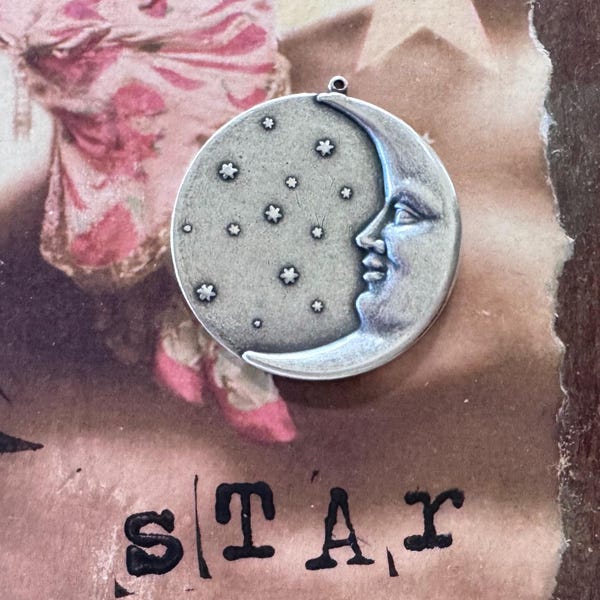 Moon and Stars Pendant, Brass Stampings, Sterling Silver Finish, 39mm x 40mm