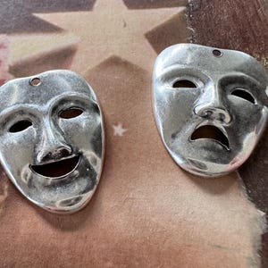 USA-Made Comedy and Tragedy Masks Charms, Sterling Silver Finish (one set)