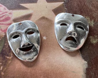 USA-Made Comedy and Tragedy Masks Charms, Sterling Silver Finish (one set)