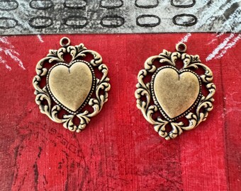 Brass Heart Charms with Lace Border, Brass Ox, TWO