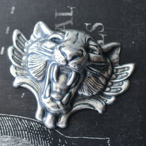 Winged Tiger Brass Stamping, Brass Stampings, Sterling Silver Finish