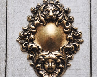 Brass Baroque Plaque with Lion and Angel, Brass Ox