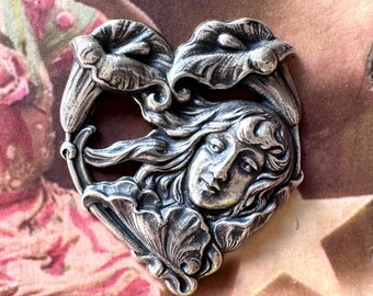 Art Nouveau Brass Heart with Lady and Calla Lilies, Sterling Silver Finish