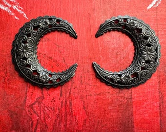 Gothic Filigree Brass Crescents, Black Satin Finish, (Set of two)