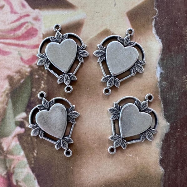 Vintage Heart Jewelry Connectors, FOUR, Sterling Silver Finish