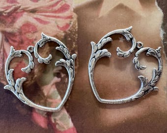 Curvy Brass Heart Charms in Sterling Silver Finish, TWO