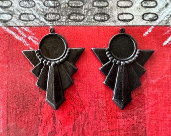 Art Deco Brass Earring Components with Bezel, Black Satin Finish, One Set