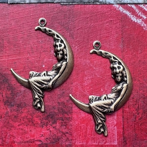 Art Nouveau Lady On Moon Charms, Brass Ox, TWO