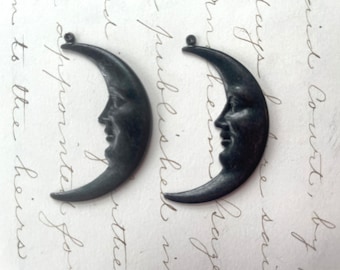 Crescent Moon Charms, Brass Stampings, Black Satin Finish, TWO