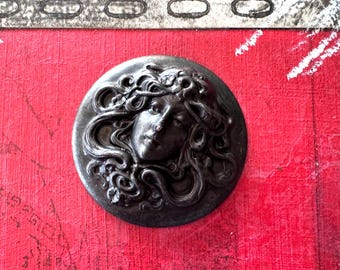 One Medusa Head Brass Medallion in Black Satin Finish, 34mm