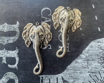 Elephant Head Charms, Brass Ox, Brass Stampings, TWO