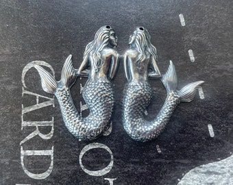 Left and Right Mermaid Charms, Brass Stampings, Sterling Silver Finish