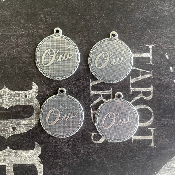 Small "Oui" Brass Charms, Sterling Silver Finish, FOUR