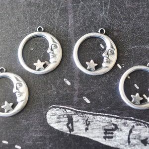 Small Moon and Star Charms, Brass Stampings, Sterling Silver Finish, FOUR image 1