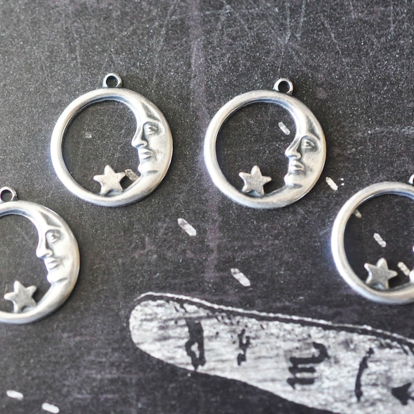 Small Moon and Star Charms, Brass Stampings, Sterling Silver Finish, FOUR