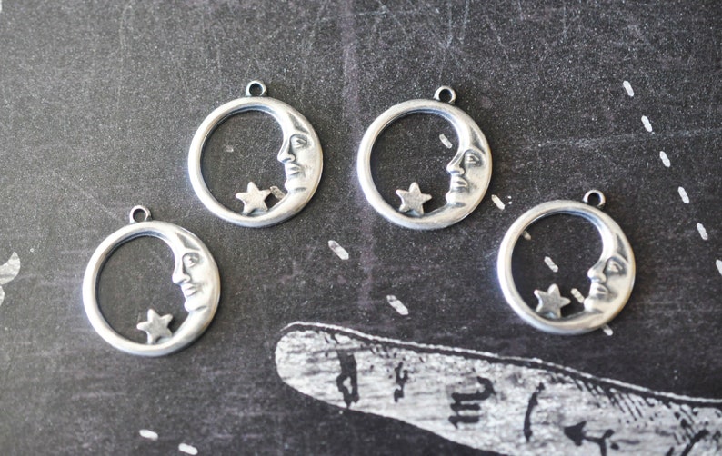 Small Moon and Star Charms, Brass Stampings, Sterling Silver Finish, FOUR image 1