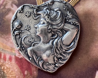 Art Nouveau Heart with Lady and Stars, Brass Stampings, Sterling Silver Finish