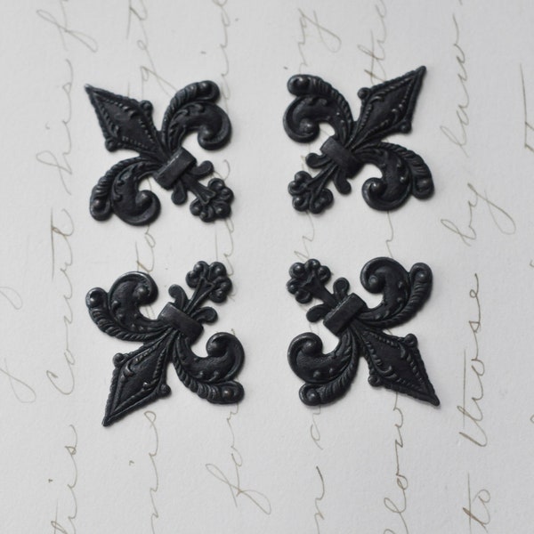 Fleur de Lis Brass Stampings, Black Satin Finish, FOUR