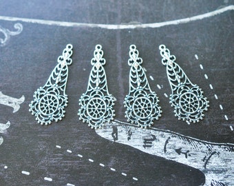 Boho Filigree Drops, Brass Stampings, Sterling Silver Finish, FOUR