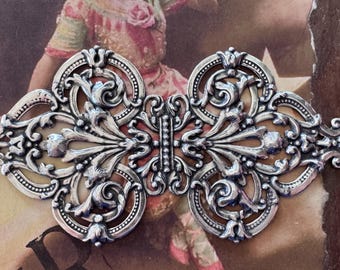 Large Filigree Brass Cuff, Flat, Embellishments, Sterling Silver Finish