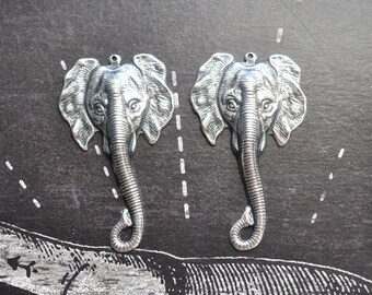 Elephant Head Charms,  Sterling Silver Finish, Brass Stampings, TWO